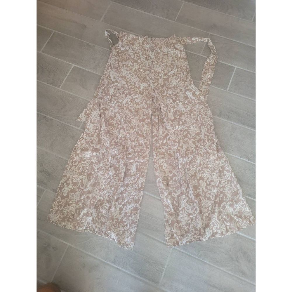Mittoshop Womens Small Paisley Wide Leg Tiered Ruffle Pants‎ Tan Cream Boho NEW